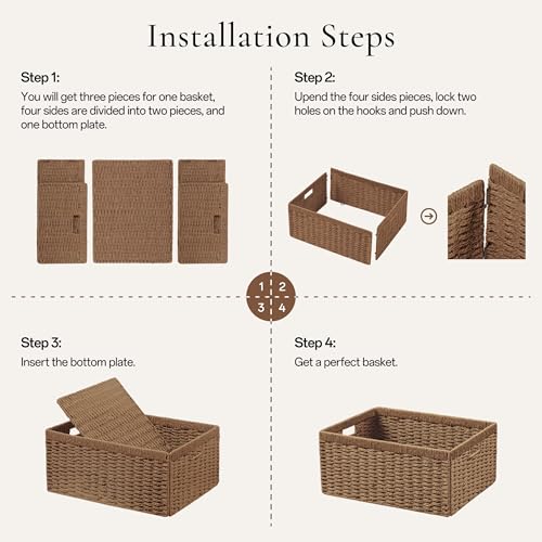 UBBCARE 4 Pack Wicker Basket, 13.4L×8.3H×7.1W inch Woven Paper Rope Storage Baskets for shelves, Foldable Rectangular Storage Baskets with Handle, Storage Basket for Organizing, Caramel - color: Caramel, size: 4pack Medium