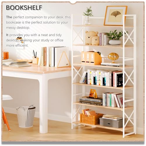 4NM Extra Wide 6 Tiers No Assembly Book Shelves, 61.8" H Folding Bookshelf Bookcase Open Industrial Foldable Shelves for Bedroom, Living Room, Home Office - Natural White - color: Natural White, size: Wide XX 6-Tier
