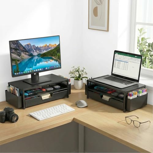 ECOLOVI Desk Organizer and Accessories, 2-Tier Computer Monitor Stand Rise with Storage Drawer & 2 Pen Holders, Laptop & Printer Stand for Desktop, Workspace Organizers for Office Supplies (Black 2-Pack)) - color: Black 2-Pack