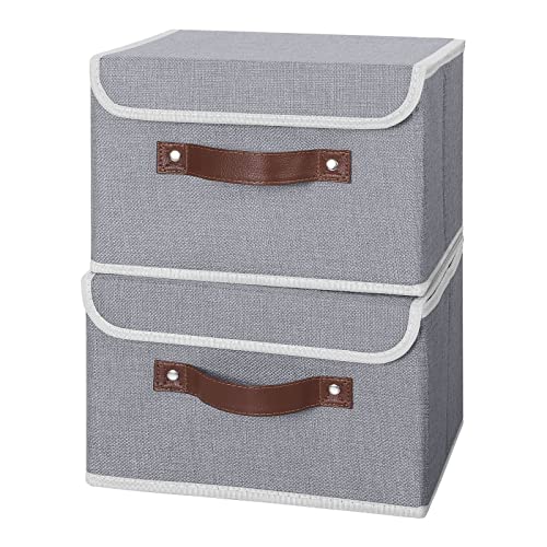 ANMINY 2PCS Storage Bins with Lid PU Leather Handles Storage Boxes PP Plastic Board Decorative Foldable Lidded Cotton Linen Fabric Home Cubes Baskets Closet Organizer Containers - Gray, Small Size - color: Gray, size: Small (Pack of 2)