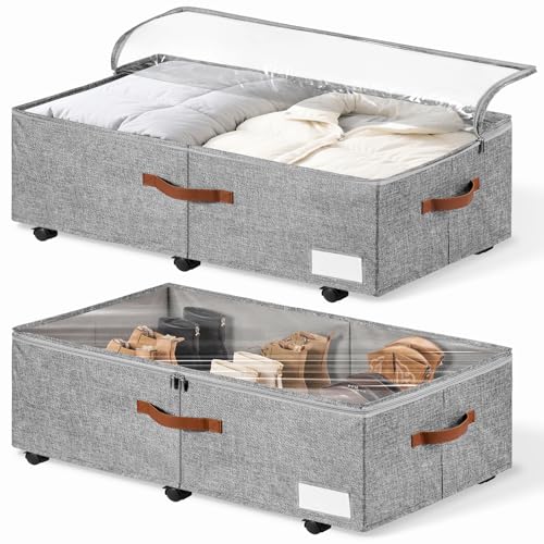 60L Large Under Bed Storage with Wheels Pack of 2, Underbed Shoe Container Bin with Clear Lid Cover, 10.5 Inches Rolling Under Bed Drawer Storage Bag Basket for Boots Quilt Sweater - Grey - color: Grey, size: 10.5 Inches Tall