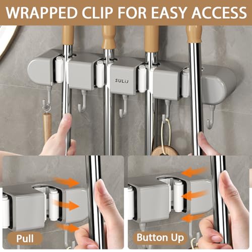 3PCS Broom Holder Wall Mount, No-Drilling Self-Adhesive Mop and Broom Storage Rack (4 Racks with 5 Hooks),Wall-Mounted Broom Hanger for Bathroom, Kitchen, Closet, Garage (Gray) - color: Gray