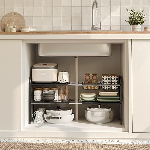 NETEL Under Sink Organizers and Storage, 2 Tier Expandable Under Cabinet Organizer Shelf with 2 Baskets and 6 Panels, Expandable Shelf for Cupboard, Kitchen, Bathroom, Shoe Storage Rack - size: 6 Panels and 2 Baskets