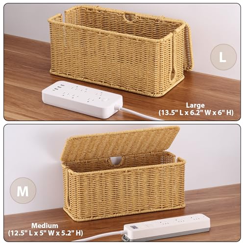 2Pack Large Cable Management Box, Handwoven Imitation Rattan Cord Organizer Wire Hider Box, Desk Cord Management to Hide Cords and Power Strips - color: Brown, size: 2 Pack (M+L)