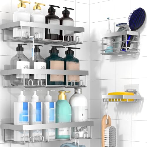 Moforoco Adhesive Shower Caddy Organizer Shelves Rack - 5 Pack Corner Bathroom Storage Organization, Home & Kitchen Decor Inside RV Accessories, Hanging First Apartment Household Camper Essentials - color: Grey