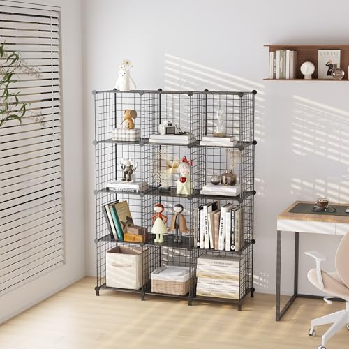 12-Cube Storage Organizer, Metal Wire Cube Shelving Unit, 11.8" L x 11.8" W x 11.8" H, Modular Grid Bookshelf for Closet, Bedroom, Office, Black ATTJL12B - color: Black