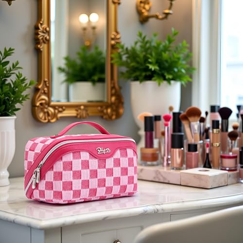 BOYATU Travel Makeup Bag for Women: Large Cosmetic Bag Set of 3 - PU Leather Make up Bag with Compartments - Compact Waterproof Toiletry Bag with Divider & Handle (D-4-Red) - color: D-4-Red