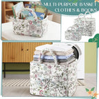2 Pcs Quilted Fabric Storage Basket with Handles Large Capacity Laundry Basket Boho Foldable Floral Laundry Organizer Bin for Home Picnic Shopping Travel