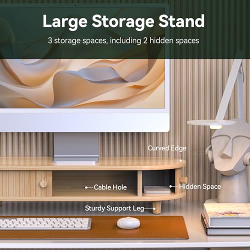Bamboo Monitor Stand with Storage, Curved Computer Laptop Stand Desk Shelf Organizer with Sliding Doors (25 inch) - size: 25 inch