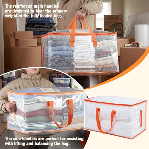 KYODOLED Clear Moving Bags with Orange Handles, 2-Pack Heavy Duty Storage Totes for Clothes & Bedding, Extra Large 27"x14"x15" (24 Gal), Foldable Transparent Moving Supplies with Label Pocket - color: Clear+Orange, size: 2PACK