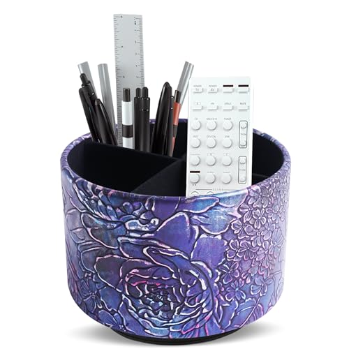 Round Leather Art Supply Organizer,Remote Control Holder,360 Degree Spinning,Multi-Functional Pencil Holder,4 Compartments Desktop Stationary Organizer(1-Rich Flower Purple) - color: 1-Rich Flower Purple