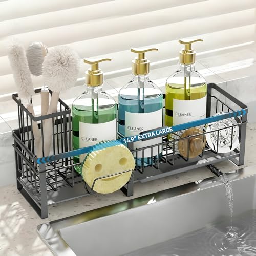 Aurblozen Extra Large Extendable Sponge Holder for Kitchen Sink, Rustproof Sink Caddy Organizer with High Brush Holder, Dish Soap Dispenser Organizers and Storage (Gray) - color: Gray
