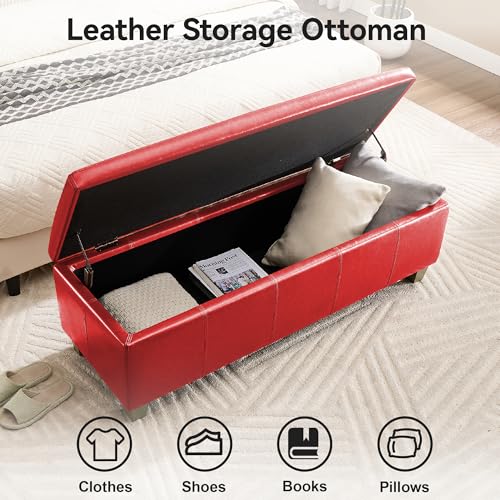 WUTUTUEE 41" Faux Leather Storage Ottoman, Stitch Tufted Rectangle Upholstered End of Bed Storage Bench, Entryway Large Couch Ottoman with Wooden Legs,Red - color: Red, size: 41 Inch