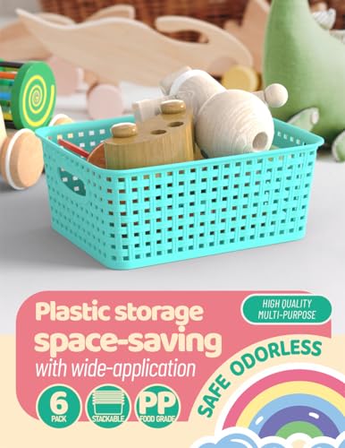 WYT 6-Pack Plastic Small Shelf Storage Weave Baskets Organizing for Cabinets and Pantries, Sky Blue - color: Sky Blue, size: 6-Pack
