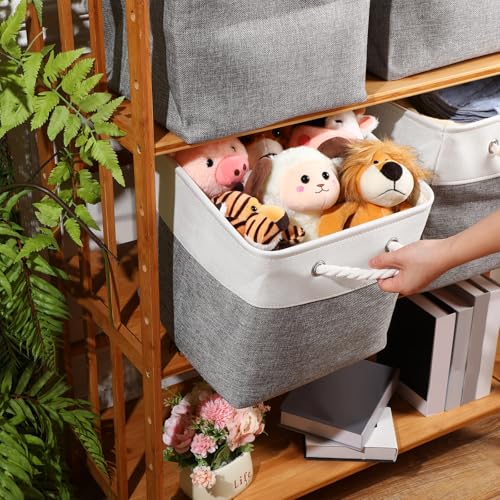 meekoo 8 Pack Collapsible Storage Bins Fabric Storage Bins Polyester Fabric Baskets with Handles Linen Closet Organizer for Shelf Home Closet Towels Toys(12 x 12 x 12 in,Gray White) - color: Gray White, size: 12 x 12 x 12 In