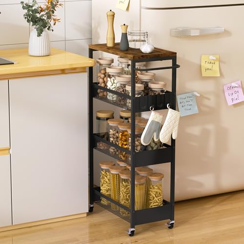 Vincona Slim Rolling Utility Cart, 4 Tier Metal Narrow Storage Cart with Handle and Wood Top, Multifunctional Small Mobile Shelf Unit Organizer Trolley for Laundry, Bathroom, Kitchen - color: Black, size: 9.1" wide