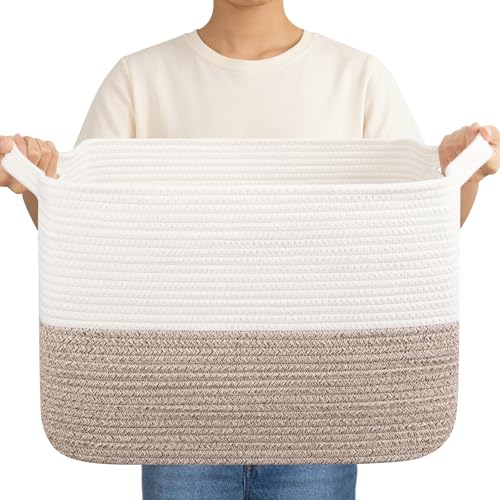 OIAHOMY Woven Storage Basket for Shelves, Rectangle Cotton Rope Baskets for Organizing, 16.5 x 13 x 11.8 in, Storage Bins for Dog Toys,Towel,Books,Gift,Brown and White - color: Brown and White, size: 16.5"x13"x11.8"