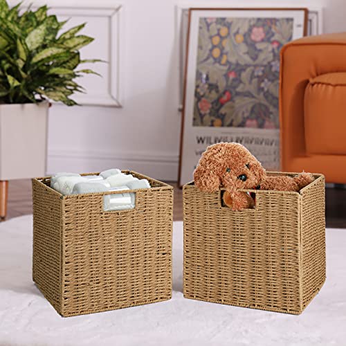 Vagusicc Wicker Storage Basket, Set of 2 Hand-Woven Wicker Basket, 11 inch Storage Baskets for Organizing and Decor, Foldable Cube Storage Organizer Bins Baskets for Shelves, Woven Basket, Natural - color: Natural, size: 11'' x 11'' x 11''