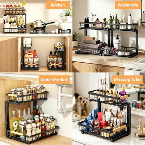 2 Pack Under Sink Organizer, 2-Tier Pull Out Kitchen Cabinet Organizer, Height Adjustable Metal Slide Out Bathroom Organizers and Storage Makeup Drawer Organizer for Office Bedroom (B-Black, 2Pack) - color: B-Black, size: 2-Pack