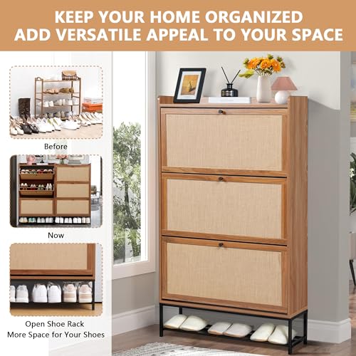 Shoe Cabinet Storage for Entryway, Narrow Shoe Cabinet with 3 Filp Drawers, Wood Freestanding Shoe Organizer Cabinet with Metal Legs, Hidden Storage Behind Door for Hallway, Living Room (Walnut) - color: Linen-walnut, size: 3 Drawer-Divider