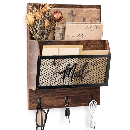 Yalikop Farmhouse Mail Organizer Wall Mounted Rustic Mail Holder Hanging Key Sorter with 3 Hooks Indoor Wooden Wall Mounted, Letter, Magazines, Newspapers, Keys(Classics,Brown) - color: Brown