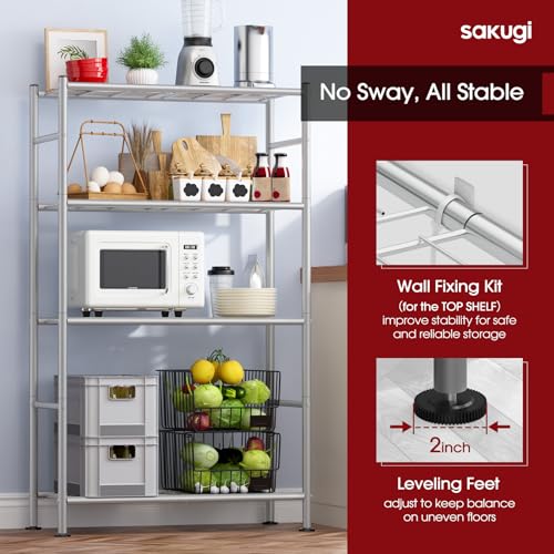 Sakugi Storage Shelves - 4 Tier Shelf Organizer, Heavy Duty Garage Shelving Unit with Leveling Feet, Stable Metal Shelves Organizer for Pantry, Kitchen and Closet, 33.0" W x 12.6" D x 57.2" H, Silver - color: Silver, size: 33.0W×12.6D×57.2H(4T)