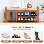 PETKABOO 39.4" Shoe Bench with Coat Rack Hidden Drawer and Side Holder, 2 Tier Entryway Bench with Storage, Bamboo Shoe Rack with Cushion for Entryway Hallway Living Room Bedroom - size: 39.4 in with Hook