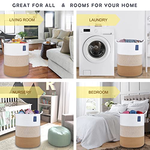 COMSE Extra Large Blanket Basket, Tall Woven Storage Basket, Nursery Hamper, 15.7”x 21.7”, Cotton Rope Laundry Hamper for Toys Clothes Towels, White/Camel - color: White & Camel Mix