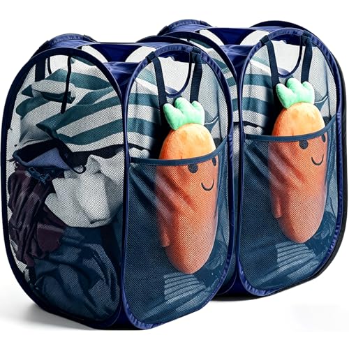 HOUSE AGAIN 2 Pcs Pop Up Laundry Hamper, Strong Mesh Laundry Baskets Collapsible, Hamper with Handles and Side Pocket, Portable Foldable Dirty Clothes for Dorm, Laundry room and Travel Storage, Blue - color: Blue, size: 2-Pack