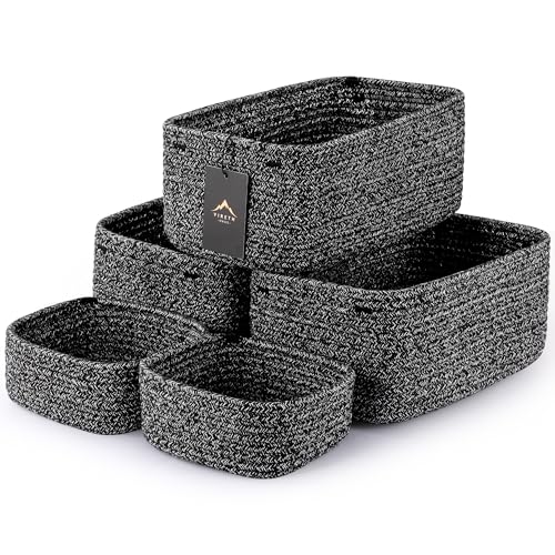 5-Pack Small Woven Rope Storage Baskets – 2 Sizes Organizer Bins for Closet, Shelf, Bookshelf, Nursery, Changing Table, Fabric Cube Boxes, Rectangular Shallow Bins for Bathroom, Toy & Home - color: Grey