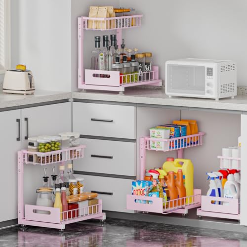 L-Shaped Under Sink Organizer, 2 Pack 2-Tier Pull Out Metal Kitchen Cabinet Organizer with Sliding Storage Drawer, Height Adjustable Heavy Duty Under Bathroom Sink Storage for Cleaning Supplies - color: Pink V2.0, size: 2 Pack