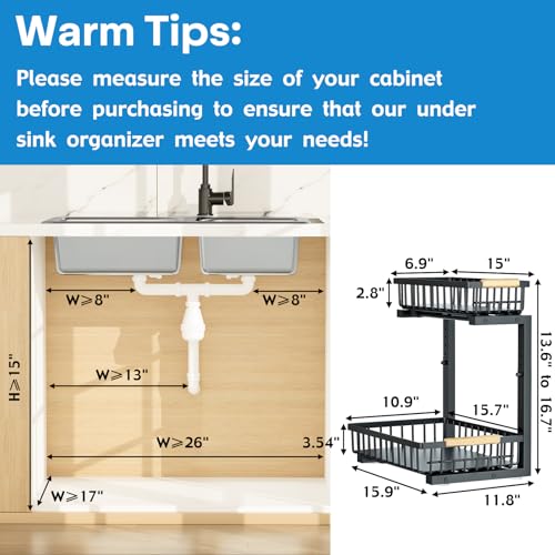 2Pcs Under Sink Organizer, Adjustable Under Sink Organizers and Storage, 2-Tier Pull Out Under Kitchen Sink Organizer, Sliding Out Metal Under Bathroom Sink Organizer for Kitchen Pantry Black - color: Black