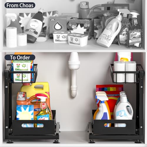 L-Shaped Under Sink Organizer, 2 Pack 2-Tier Pull Out Metal Kitchen Cabinet Organizer with Sliding Storage Drawer, Height Adjustable Heavy Duty Under Bathroom Sink Storage for Cleaning Supplies - color: Black V2.0, size: 2 Pack