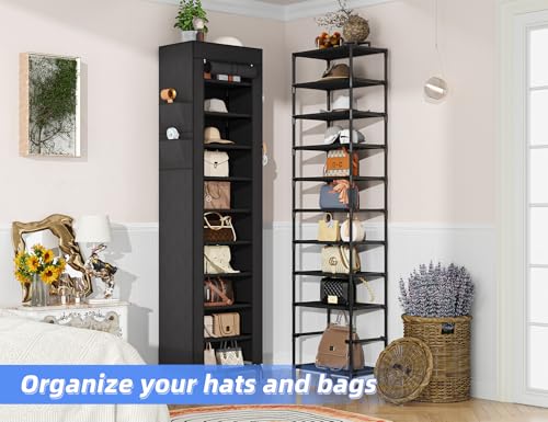 Simple Trending Narrow Shoe Rack with Cover, 10 Tier Shoe Organizer Storage, Tall Free Standing Shoe Cabinet Holds 20 Pairs for Closet, Black - size: 10 Tiers Narrow with Cover, Black