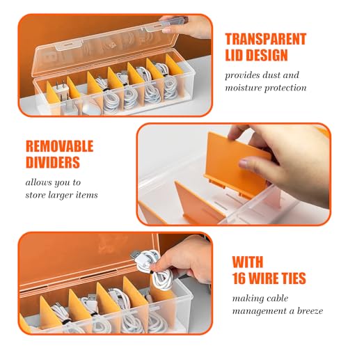 Charger Organizer, Cable Cord Organizer Box (2PCS) - Adjustable Dividers, 16 Cable Ties, Clear Charger Storage Box for Cable, Phone, Drawer Organization
