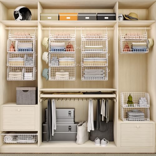 HapiRm Hanging Closet Organizer Storage - 3 Tier Metal Stackable Hanging Closet Shelves with Dividers and S Hooks, Foldable Clothes Shelves for Clothes, Pants, Shoes, Coat, Hats Clutches Accessories - color: White, size: 4-Tier
