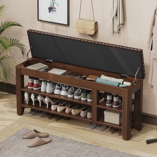 Shoe Bench for Entryway, Solid Rubberwood Shoe Bench with Hidden Storage, Adjustable 2-Tier Shelves & Soft PU Leather Seat, Shoe Rack Durable Easy Assembly for Hallway or Bedroom - Brown, 47.28" - color: Brown, size: 47.28"W x 11.82"D x 20.47"H