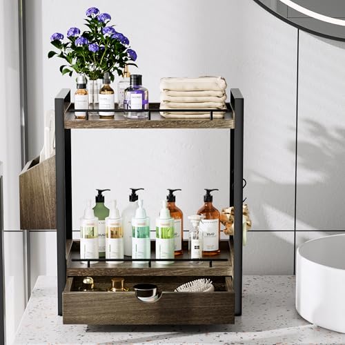2-Tier Wood Bathroom Counter Organizer, Countertop Organizer with Drawer and Storage Basket, Bathroom Sink Organizer for Vanity, Skincare, Makeup, and Daily Essentials (Dark Brown) - color: Dark Brown