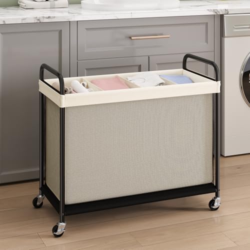 ELYKEN Laundry Hamper 4 Section, 140L Rolling Laundry Sorter with Removable Liner Bag, Laundry Basket with Wheels, Steel Frame with Metal Handle, Clothes Hamper Cart for Laundry Room & Bedroom - color: Beige, size: 4-Section