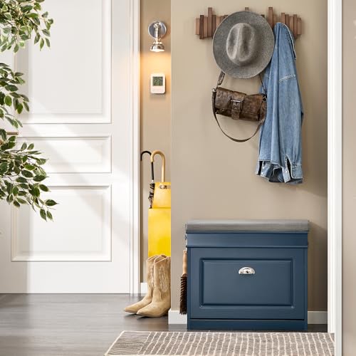 Haotian Small Shoe Storage Bench, Narrow Shoe Cabinet Entryway with 1 Flip-Drawer and Seat Cushion, Mini Shoe Rack Hallway Entrance Mudroom, Navy Blue FSR82-K-B - color: Navy, size: 1 Drawer:24x9.4x20"