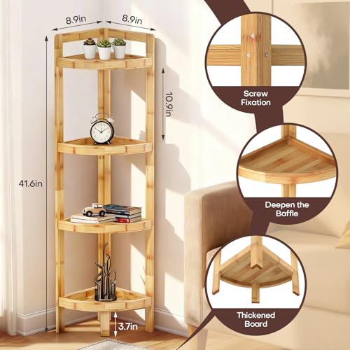2026 New Bamboo Standing Shelf, 4 Tier Corner Shelf Stand, Free-Standing Shelf Units, Triangular Curved Corner Shelf Stand for Space-Saving Display Ideal for Bathroom/Kitchen/Living Room Storage - size: 4-Tier