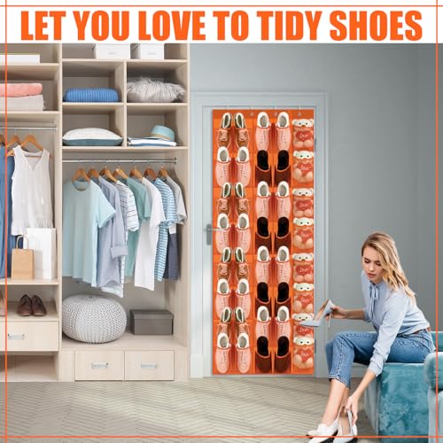 Windyun 40 Over the Door Shoe Organizer Large Mesh Pocket Hanging Shoe Rack for Closet Orange Nonslip Behind Door Storage Holder Back to School Organizer for Dorm Room College Classroom Storage - color: Orange