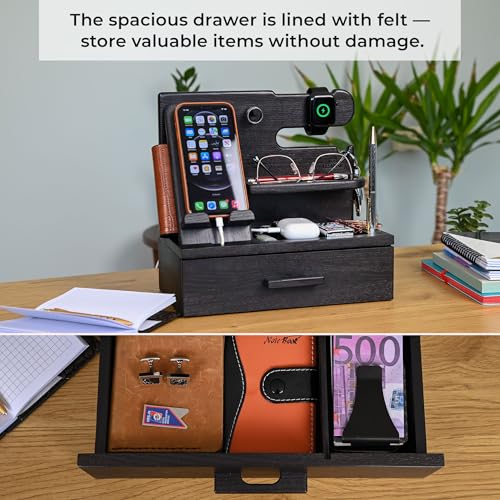 TESLYAR Wood Phone Docking Station with Drawer - Nightstand Organizer - Desk Organizer for Husband - Birthday Gifts for Men, Dad, Anniversary Idea, Key Holder Stand Watch & Accessories (Granite Black) - color: Granite Black