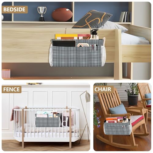 Bedside Caddy Hanging Bunk Bed Caddy Bed Organizer Hanging Pocket with 2 Hooks Bedside Storage Organizer Pocket Bag Holder Grey Plaid - color: Grey Plaid