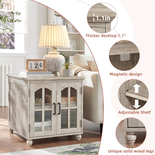 RWYHG Farmhouse 24" End Table Set of 2 with Charging Station, Large Sofa Side Table with Glass Barn Door,Wood Night Stand with Adjustable Storage Shelf,Square Bedside Table for Living Room,Bedroom - color: Grey, size: Set 2