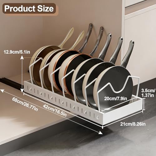 Pot and Pan Organizer under Cabinet Pull Out,Pot Lid Holder for Kitchen, Cookware Storage Rack with Slide Rails,Slide-out Drawer, White