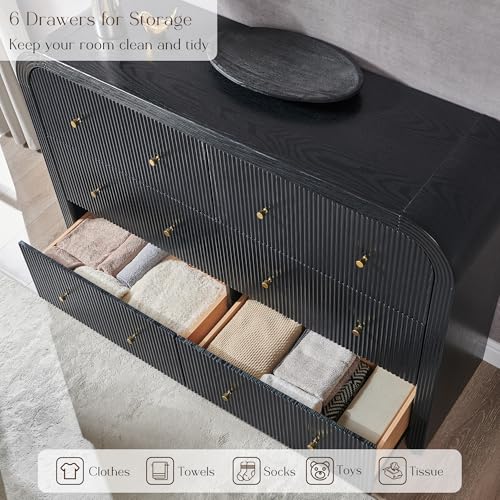 T4TREAM Fluted 6 Drawers Dresser for Bedroom, 54" Wide Modern Chest of Drawers with Thickened Curved Profile Design, Wood Dressers TV Stand for Bedroom, Living Room, Hallway, Black Oak - color: Black Oak, size: 15.75"D x 54"W x 36"H(6 Drawers)