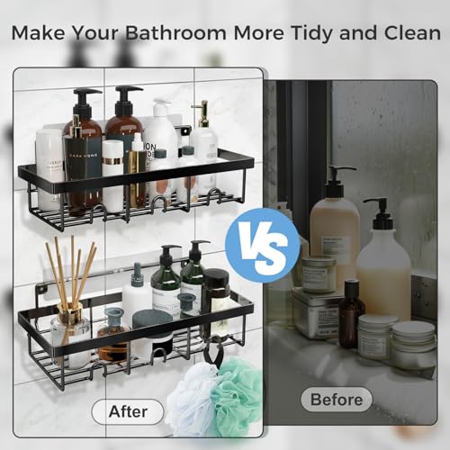 Adhesive Shower Caddy 4-Pack, Rustproof Stainless Steel Shower Organizer, Shower Shelves for Inside Shower Storage, Heavy-Duty No-Drill Rack with Built-in Hooks for Bathroom & RV - color: Black