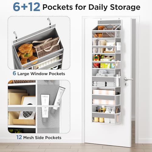 Mefirt Over The Door Organizer, 6 Shelf Door Hanging Organizers with 6 Large Capacity Pockets, Behind Door Storage Hanging Shelves for Closet Wall Bathroom Bedroom Nursery - color: Grey, size: 6-Tier
