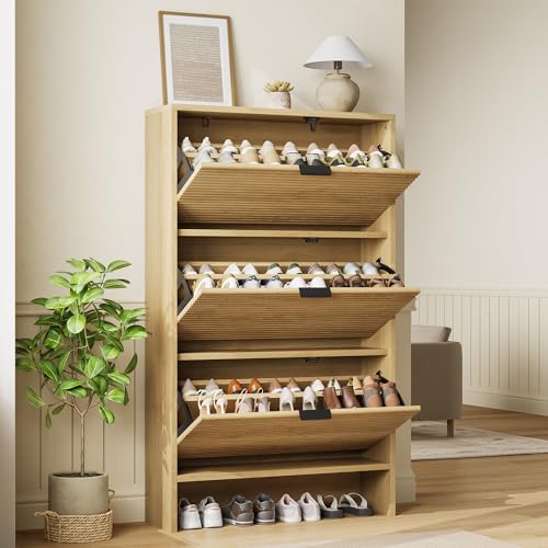 Garvee Shoe Storage Cabinet for Entryway, Fluted Shoe Cabinet with 3 Flip Drawers Doors, 32" Wide Hidden Shoe Rack Tall Freestanding Shoe Organizer for Entrance, Hallway, Living Room, Natural - color: Natural, size: 3 Drawers